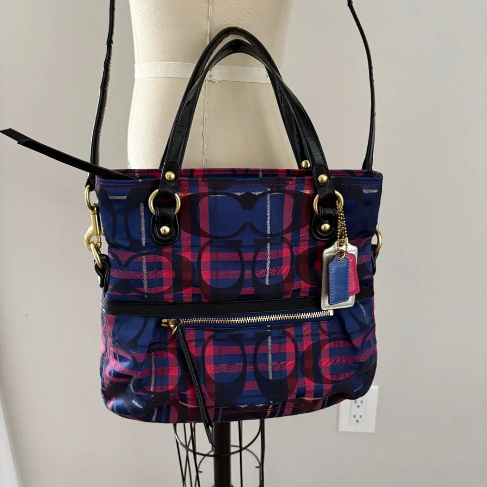 Coach Poppy 2way Shoulder Bag Red Blue Tartan Plaid Signature Canvas Patent Trim